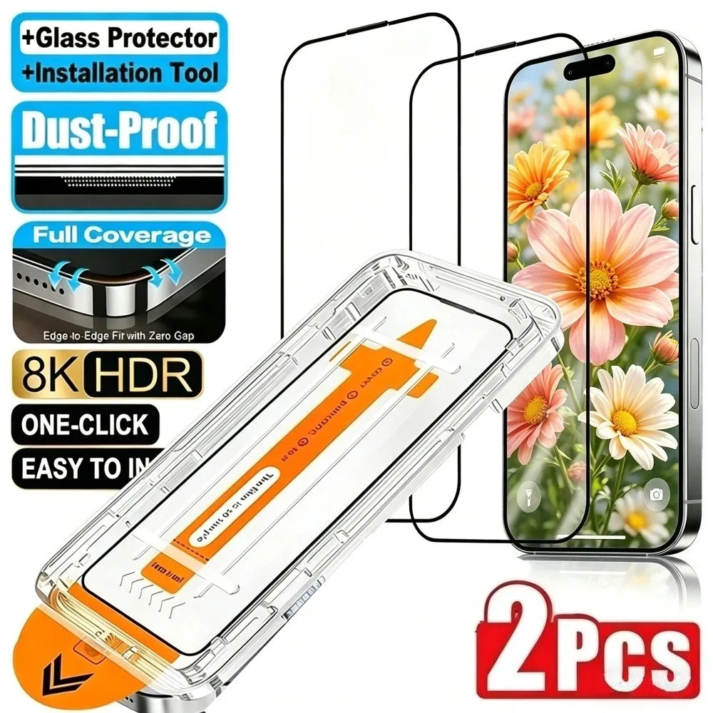 

2Pcs Full Cover HD Tempered Glass for iPhone 17 16 Pro Max Air 17e 16e 15 14 Plus 15 14 13 Pro One Click Easy Installation Glass