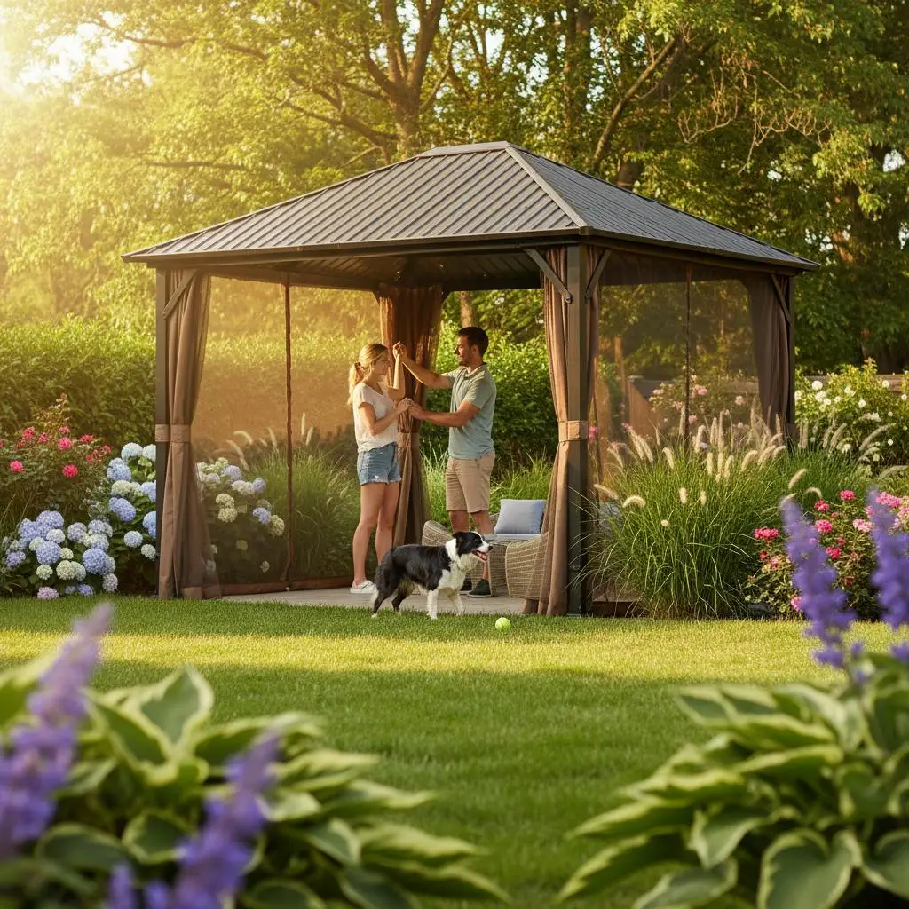 

Металлическая беседка 10x12 футов с жесткой крышей и полной москитной сеткой, устойчивая к ржавчине, для сада, патио, заднего двора