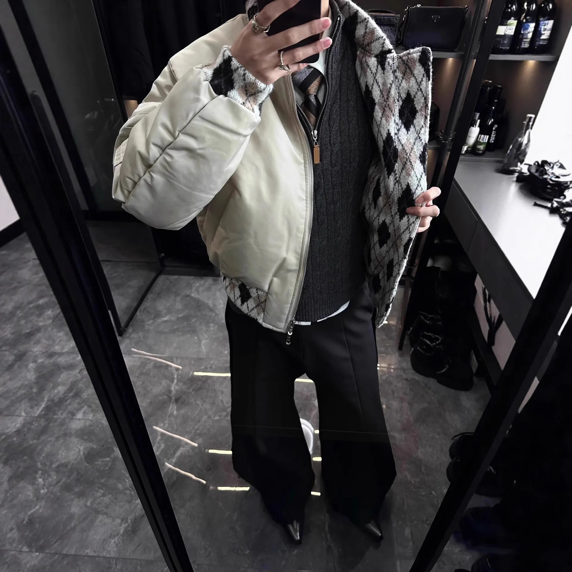 

Thiened Hand-Paed Cotton Autumn Winter Jaet Women's Plaid Flannel Weave Warm Waterproof Stand Collar Regular Fit Coat