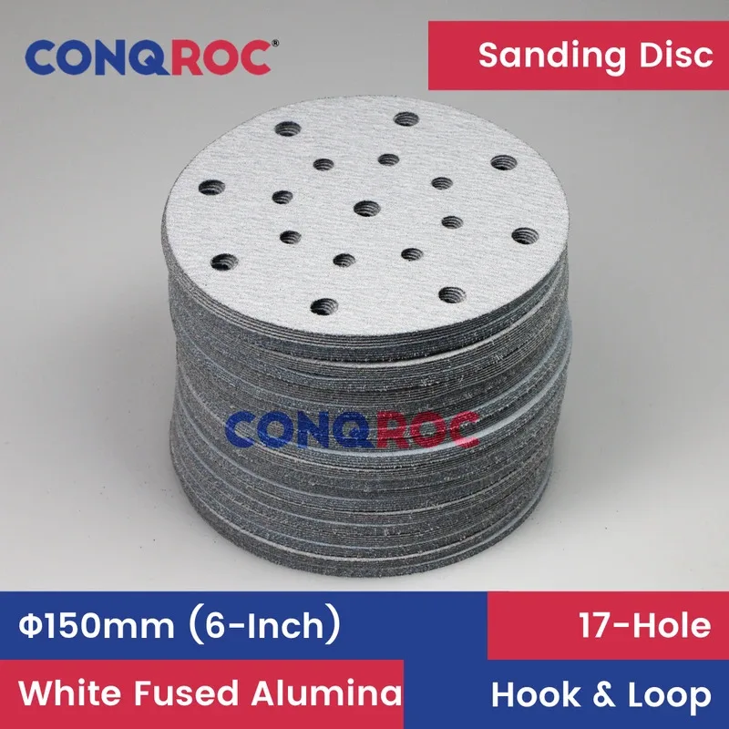 

100 Pieces 150mm (6-Inch) 17-Hole Sanding Discs White Fused Alumina Dry Sanding Papers Hook and Loop Grit 60~1000