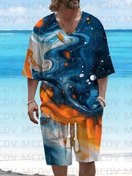 Men's Casual V-neck Blue Yellow Splash Paint Art Short-sleeved Shorts T-shirt Set