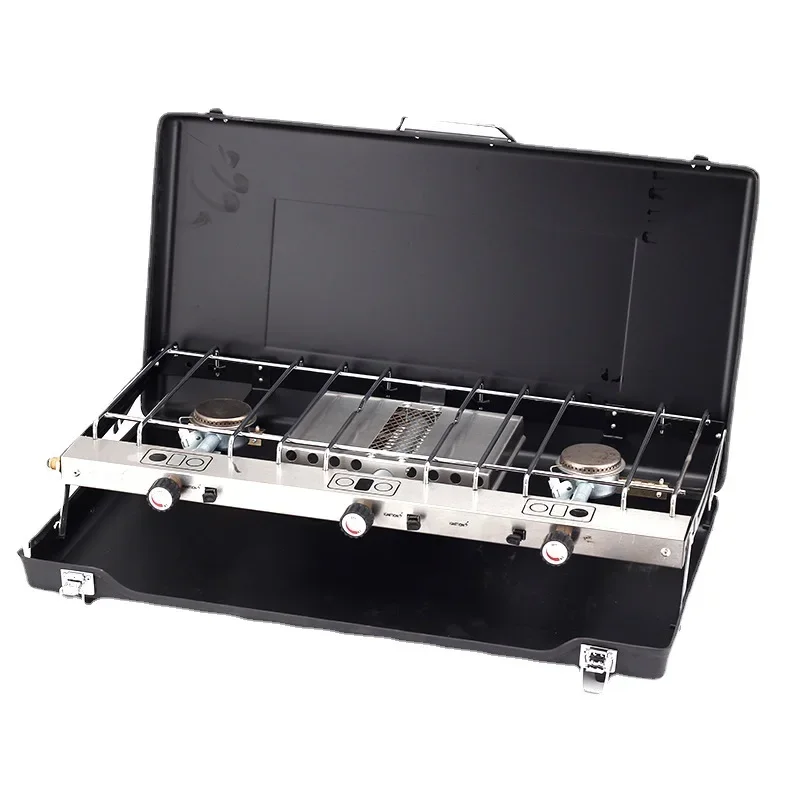 1pc Outdoor Portable Folding Barbecue Grill Portable Gas Stove Camping Picnic Gas Dual Stove Three Head Windproof Storage Stove