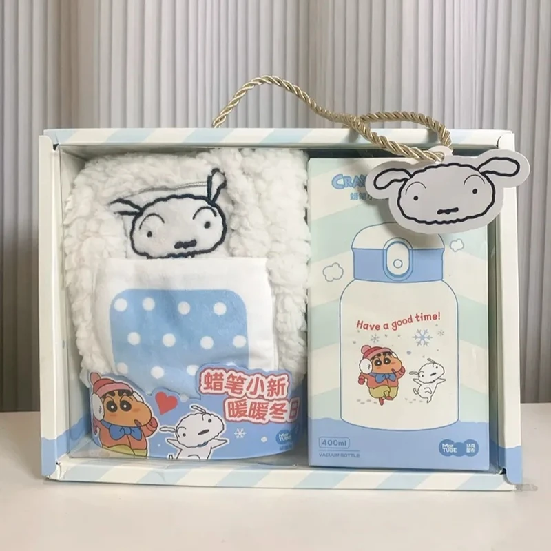 Martube 500ml Anime Crayon Shin-Chan écharpe Thermos avec boîte-cadeau Kawaii hiver bouteille d'eau chaude filles mignon écharpe cadeau de noël