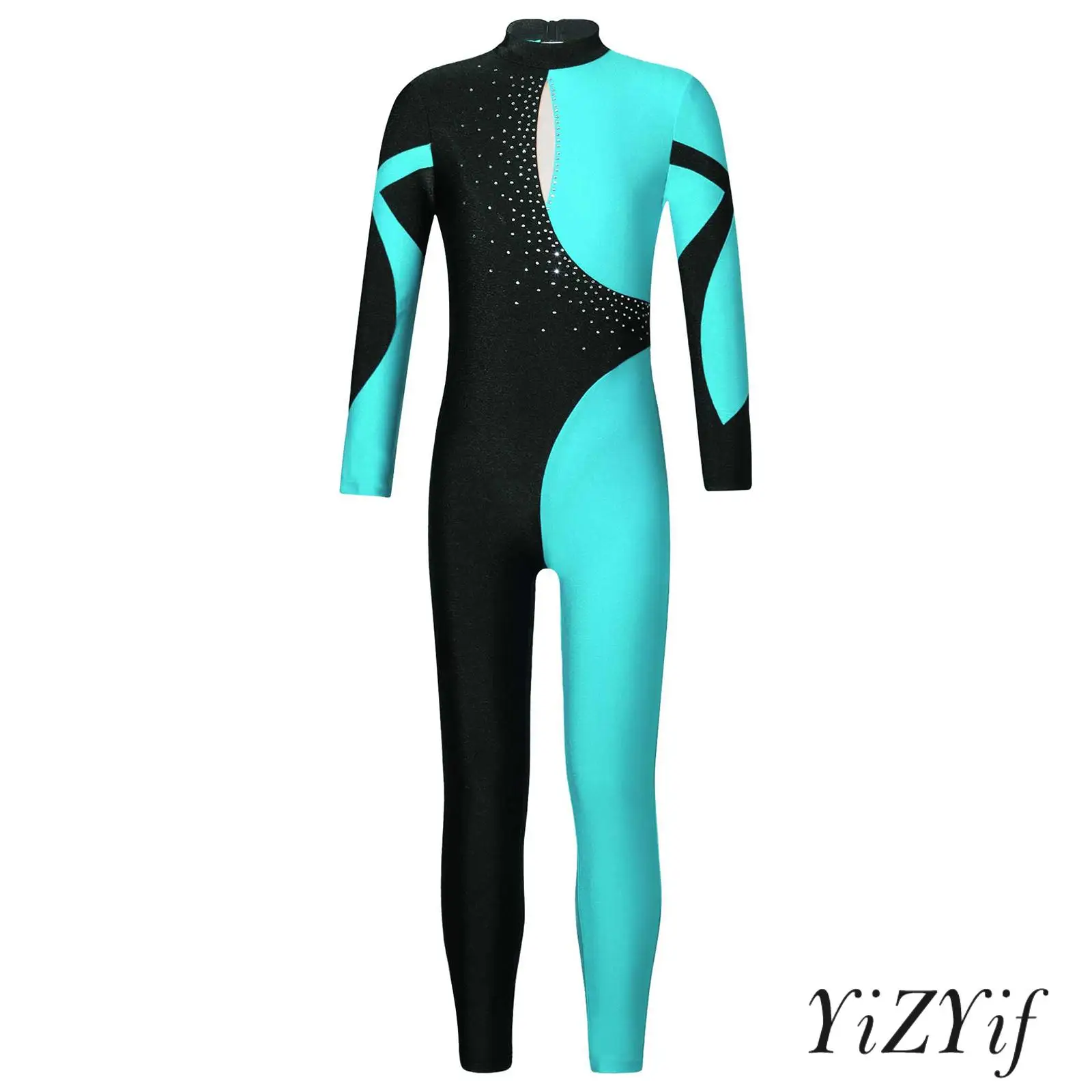 

Kids Girls Gymnastics Jumpsuits Shiny Rhinestone Figure Skating Bodysuit Long Sleeve Ballet Dance Full Body Leotards Unitards