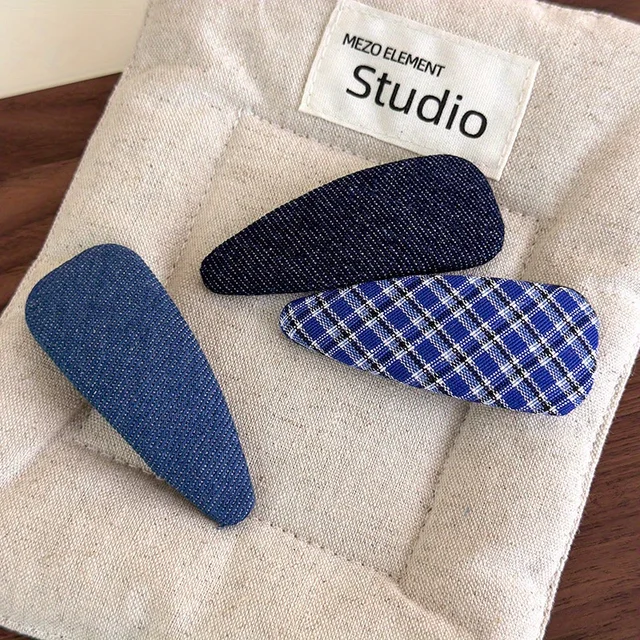 New Style Lightening Blue Denim Checkered BB Clip Fabric Hair Clip Fashionable Bang Clip Side Clip Loose Hair Accessory 3