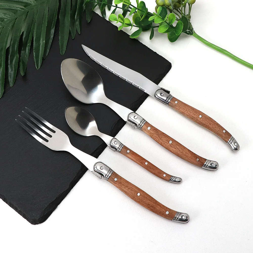Jaswehome 4/6pcs Western Cutlery Set Stainless Steel Flatware Rosewood Handle Dinner Knife Fork Spoon Sliver Dinnerware