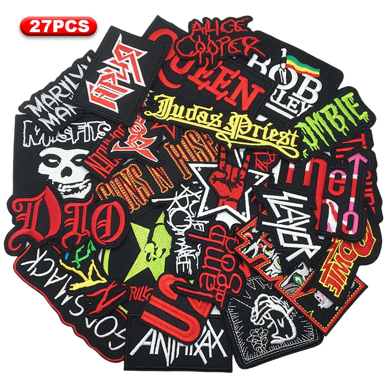 27 pçs/lote música rock band remendos roupas diy ferro em remendos bordados para roupas jaqueta jeans adesivos apliques listras