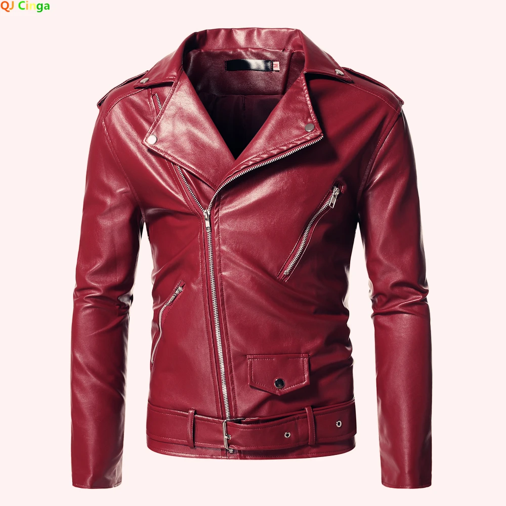 Red Chain Decoration Motorcycle Bomber Leather Jacket Men Autumn Turn-Down Collar Slim Fit Male Leather Coats S-5XL