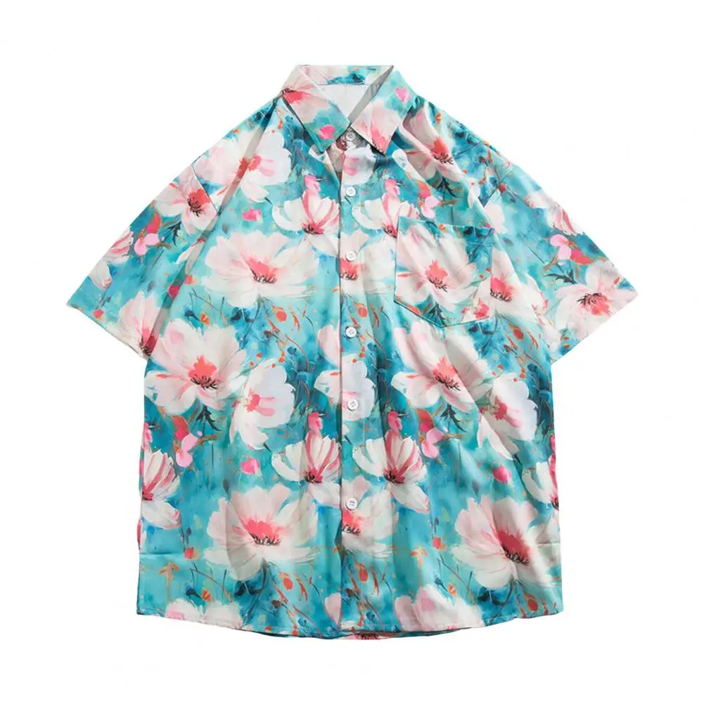 Summer Unisex Shirt Colorful Flower Print Short Sleeves Tropical Style Hawaii Quick Dry Beach Top shirts & blouses