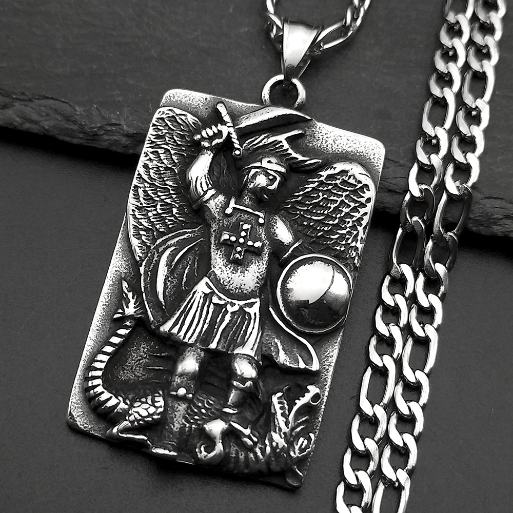 رئيس الملائكة مايكل قلادة قلادة للنساء الرجال الفولاذ المقاوم للصدأ أسود اللون المسيحية الصليب الذكور الشرير سلسلة مجوهرات هدية