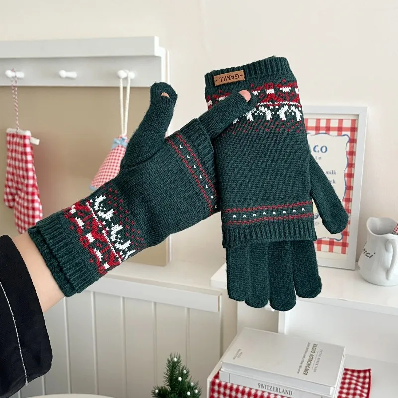 

Вязаные перчатки в корейском ретро-стиле с отстегивающимися элементами Fair Isle для женщин, осенне-зимние, теплые, защищающие от холода, с откидными кончиками пальцев для сенсорных экранов.
