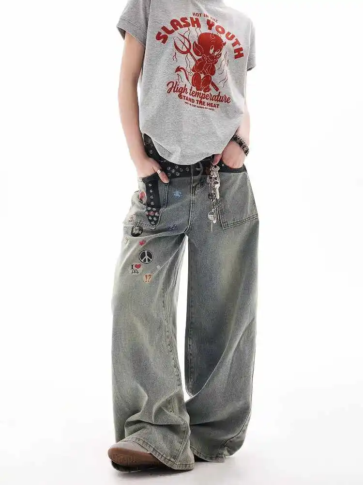 Women Blue Y2k Boyfriend Jeans Japanese 2000s Style Graffiti Print Jean Pants 90s Vintage Harajuku Baggy Denim Trousers Clothes