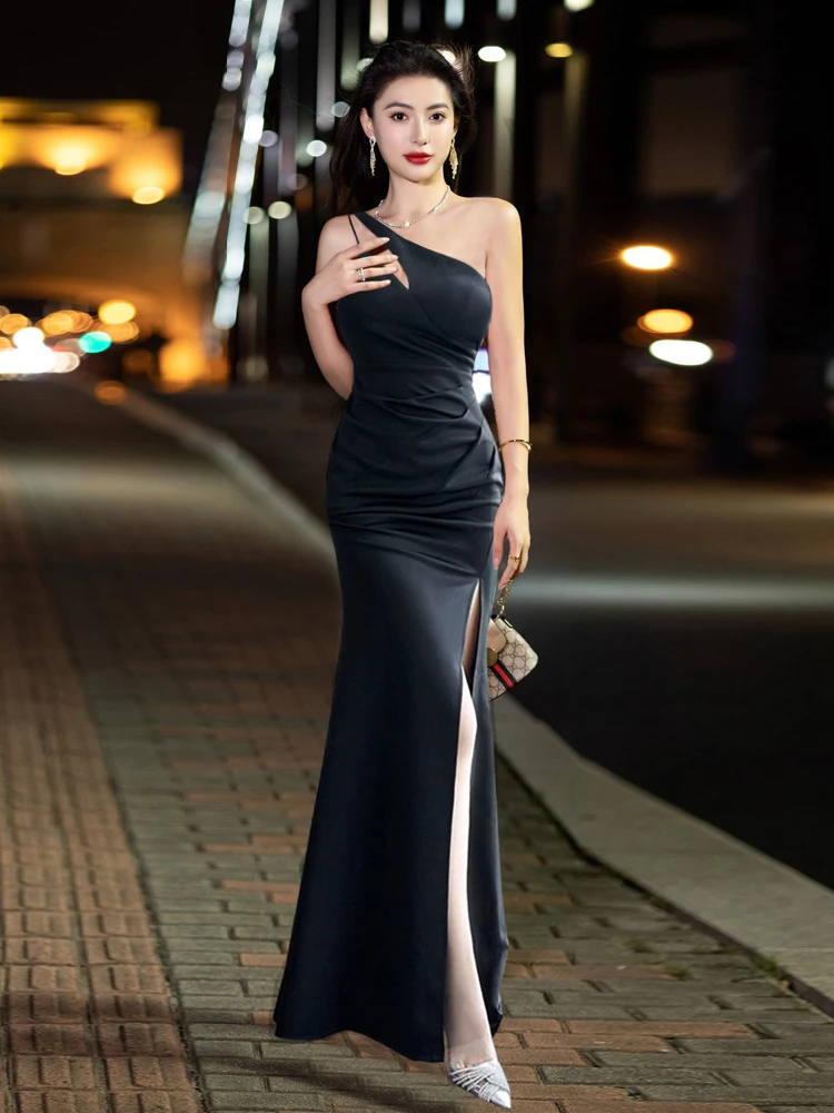 Eveningdressdressfemininetemperament Light Luxuryniche Design Senseone Shoulder Fishtail Host Banquet Fishtail Dressparty Resses