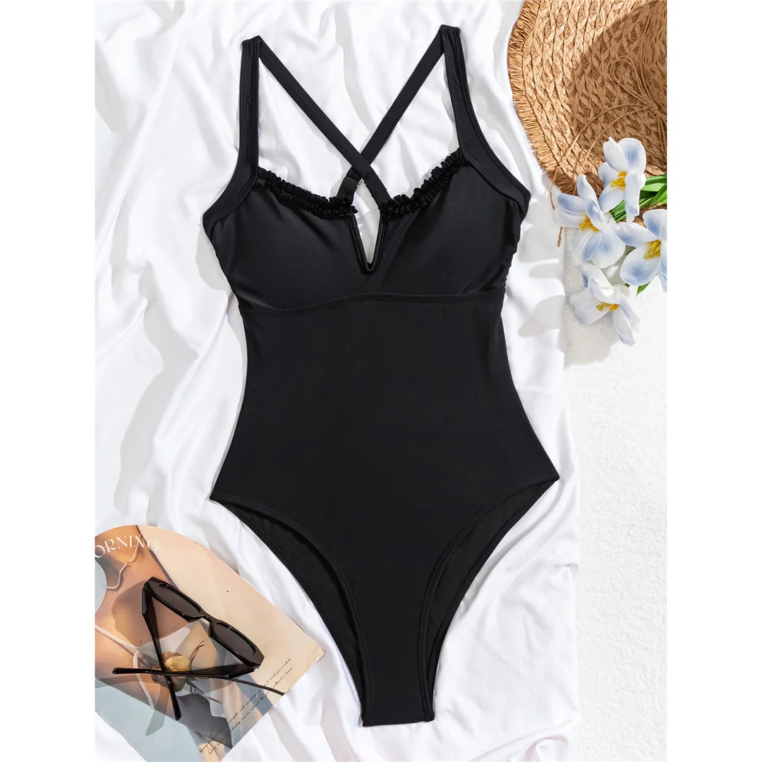 S - XL, einteiliger Badeanzug mit V-Ausschnitt und offenem Rücken, Damen-Badebekleidung, Damen-Monokini mit überkreuztem Rücken, hoher Beinausschnitt, Badeanzug, Badebekleidung, Modell V6862. – Detail 4