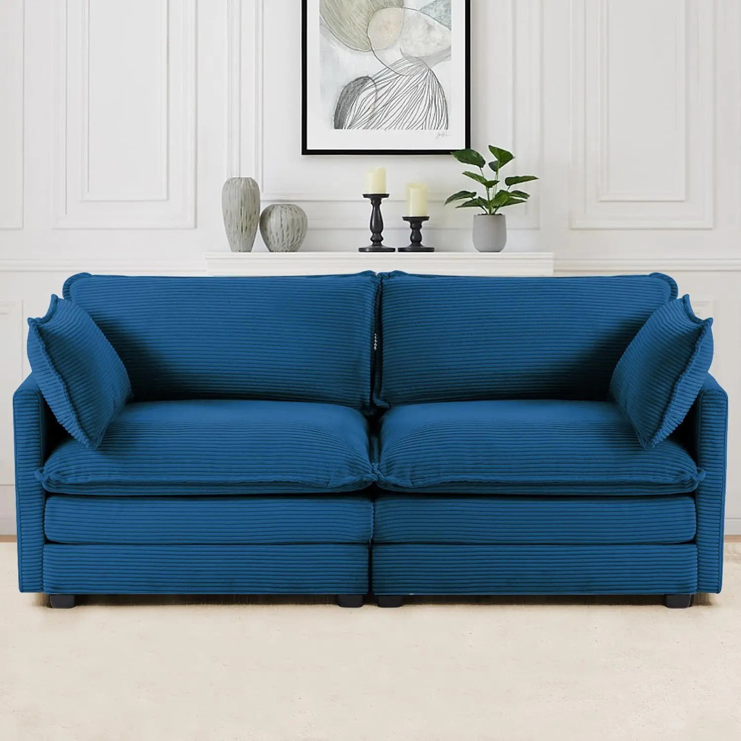 

78'' Modular Cloud Loveseat with 2 Throw Pillows, Oversized Corduroy Sofa for Living Room and Office, Blue