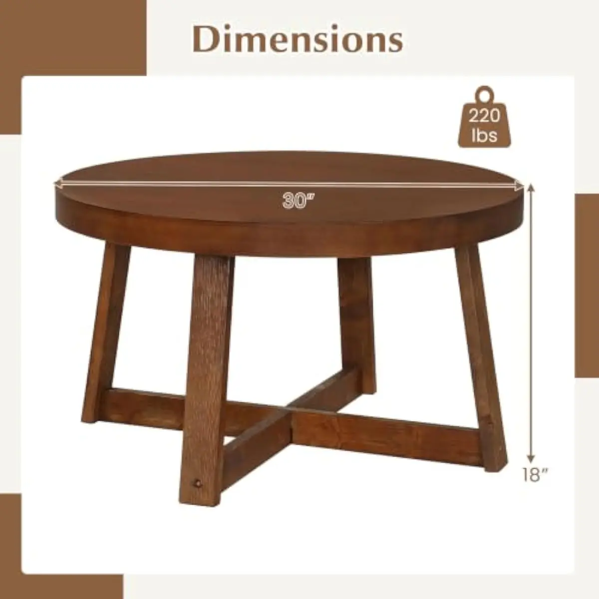 Round Pine Wood Coffee Table 30 Inch Diameter with Cross Support Frame Natural Walnut Finish Smooth Rounded Edges Non Slip Feet