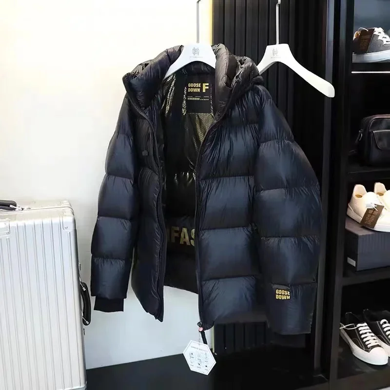 Casaco térmico à prova de vento para mulheres, jaqueta grossa Goose Puffer, branco preto dourado, tamanho solto, novo, inverno, 2024