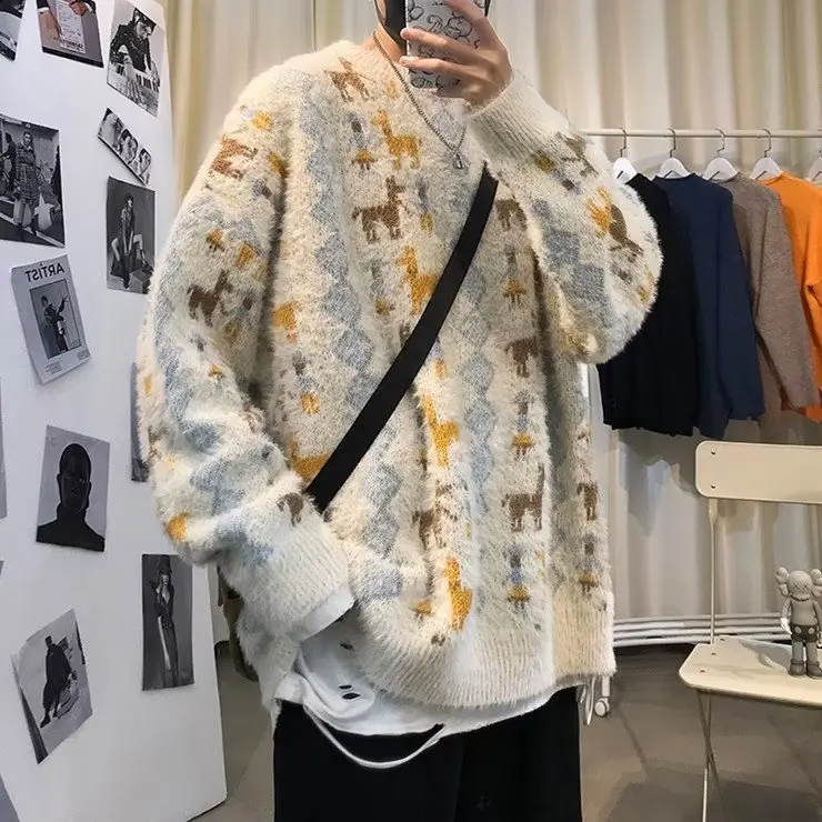 

Loose Fit round Ne Knitwear Deer Print Korean Sle Big Size 250 Pou Men's Autumn Winter Faion Hip Hop Brand Ins Sweater