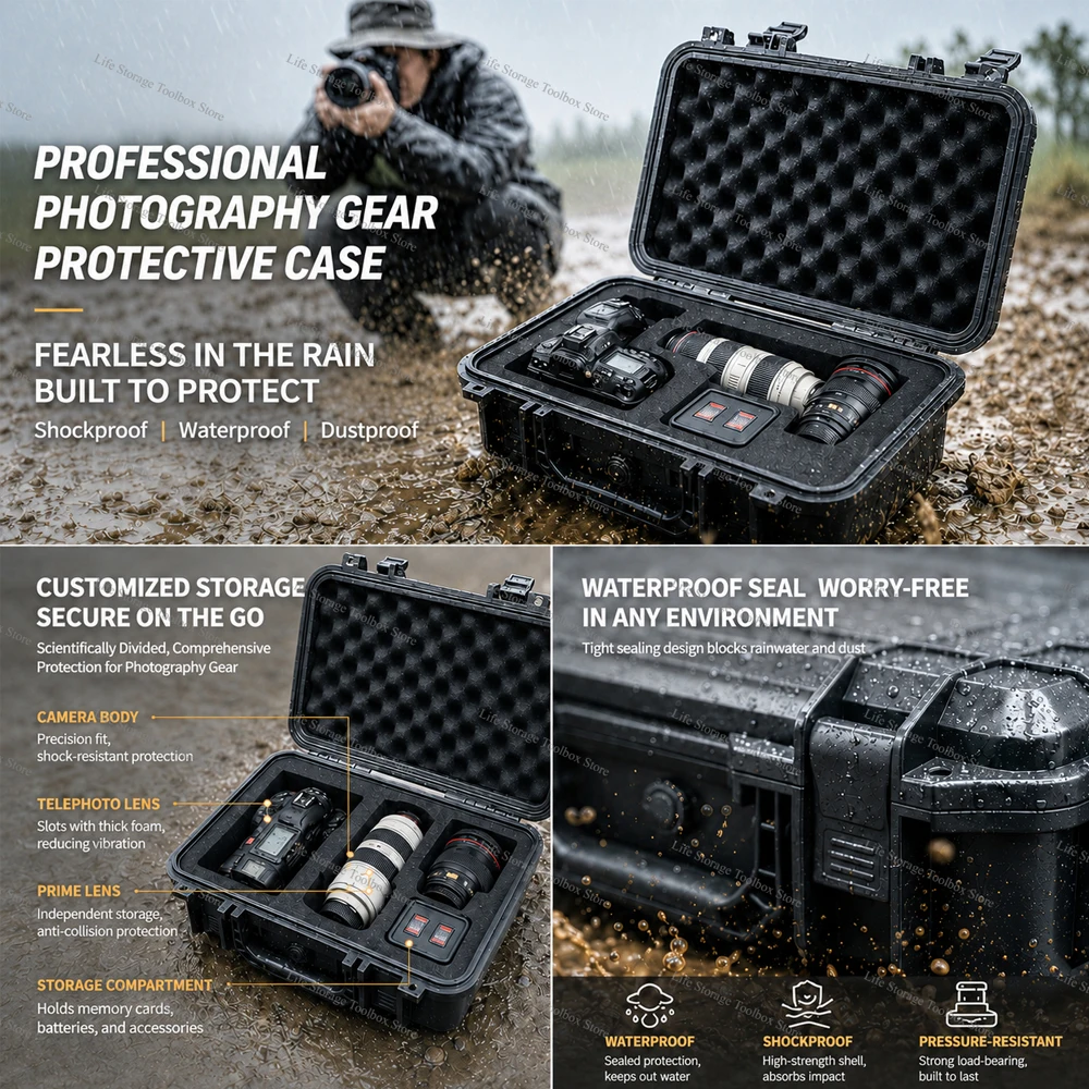 Estuche de transporte duro impermeable, bolsa de almacenamiento, caja de herramientas de fotografía de cámara con asa, Protector de seguridad,