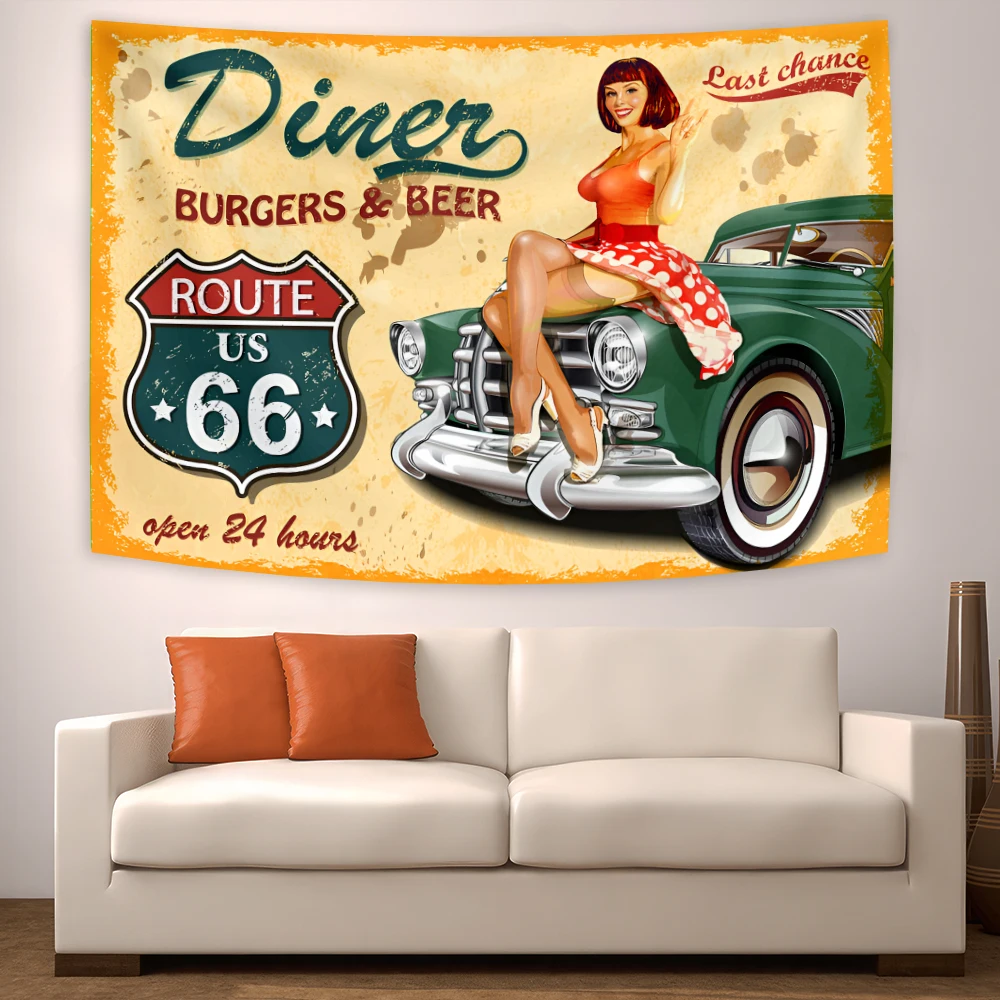 3x5ft  Retro Tapestry Vintage Car Wall Tapestry Route 66 Tapestry For Garage Decor Bedroom Living Room Dorm Wall Decor