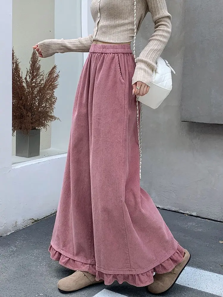 Pink Ruffled Wide Leg Pants for Autumn and Winter Thick Women's High Waisted and Loose Casual Pants with A Hanging Feeling