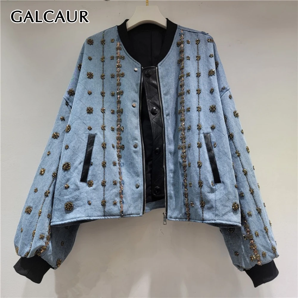 

GALCAUR синяя шикарная куртка с бисером, женская свободная уличная одежда с круглым вырезом и длинными рукавами, женские куртки, осенний стиль, мода