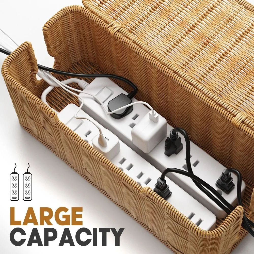 Handwoven Cable Management Box with Lid Hide Power Strip and Router Cord Organizer Hider Box 2 Open Slots Imitation Rattan Box
