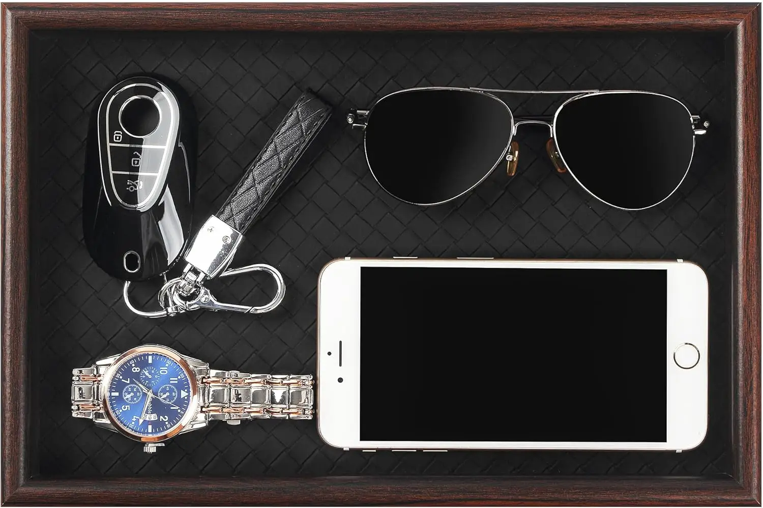 

Кожаный деревянный органайзер для прикроватной тумбочки - подставка для ключей, кошелька, телефона, часов и украшений