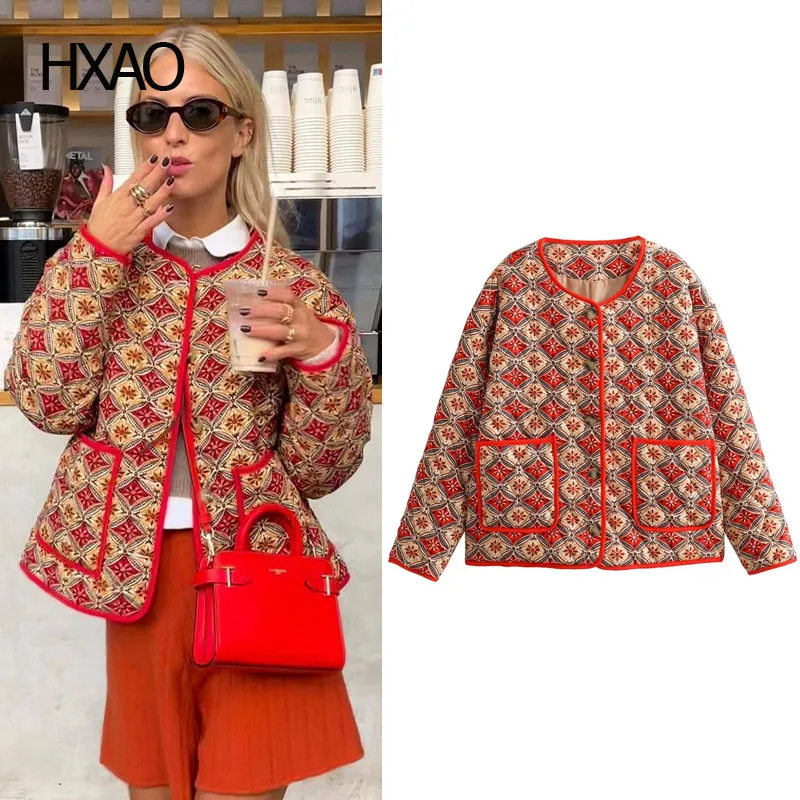 

HXAO Printed Quilted Jacket For Women Winter Warm Padded Jackets O-Neck Cropped Down Coats Fashion Casual Loose Padding Coat