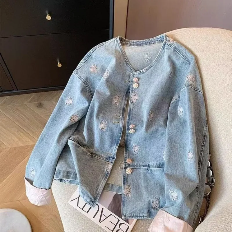 

Luxury Design Sequined Jacquard Embroidered Denim Jacket for Women Spring Autumn Coat New Vintage Top Jeans Jacket Versatile