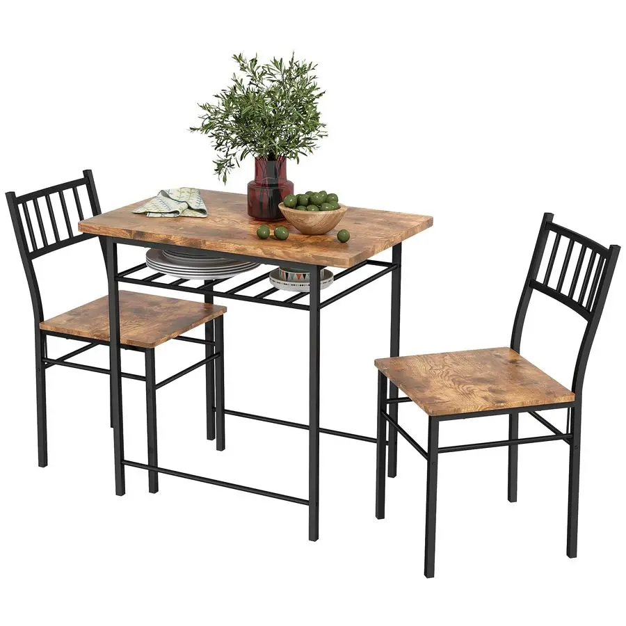

3Piece Dining Table Set for 2, Small Kitchen Table and Chairs with Builtin Storage Rack and Steel Frame, for Breakfast Nook and