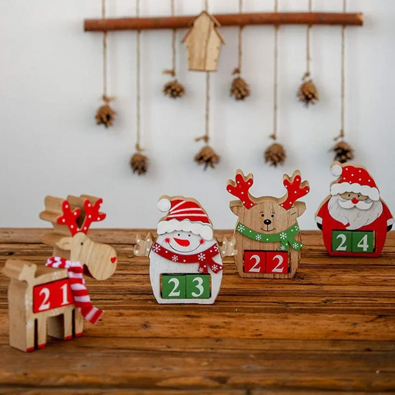 New 2024 Christmas Countdown Wooden Calendar Blocks Santa Snowman Reindeer Holiday Desk Decor Festive Tabletop Ornament For Home