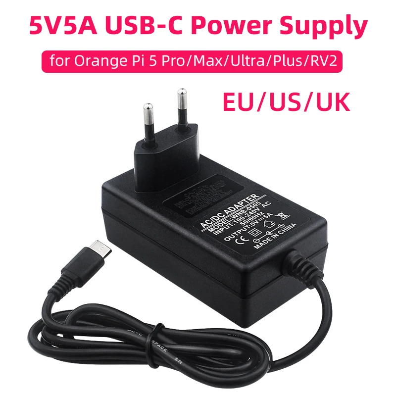 

5V 5A Power Supply for Orange Pi 5 Pro / Max / Ultra / Plus / 4A / RV/ RV2 USB Type-C Port EU US UK Plug Raspberry Pi 5