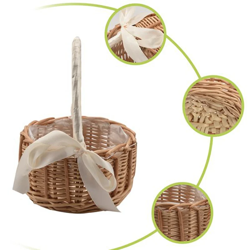 2Pcs Woven Flower Basket Rattan Storage Basket Flower Girl Hand Basket Handmade Flower Basket with Bow,Small