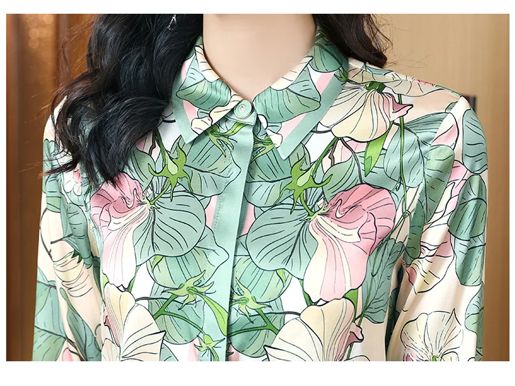 ZAROY Luxury Satin Women's Shirt Green Lotus Print Long Sleeve Lapel Blouse Elegant Vintage Chic Office Wear Camisas Streetwear