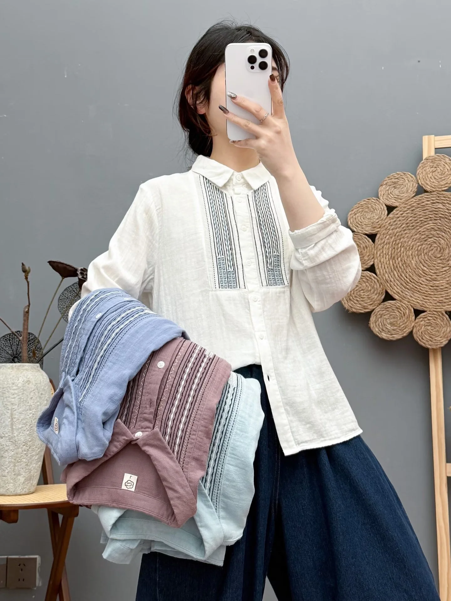 

2026 Office blouse woman 100% cotton yarn white blue embroidered long sleeve shirts for women Japan style ethnic base shirts