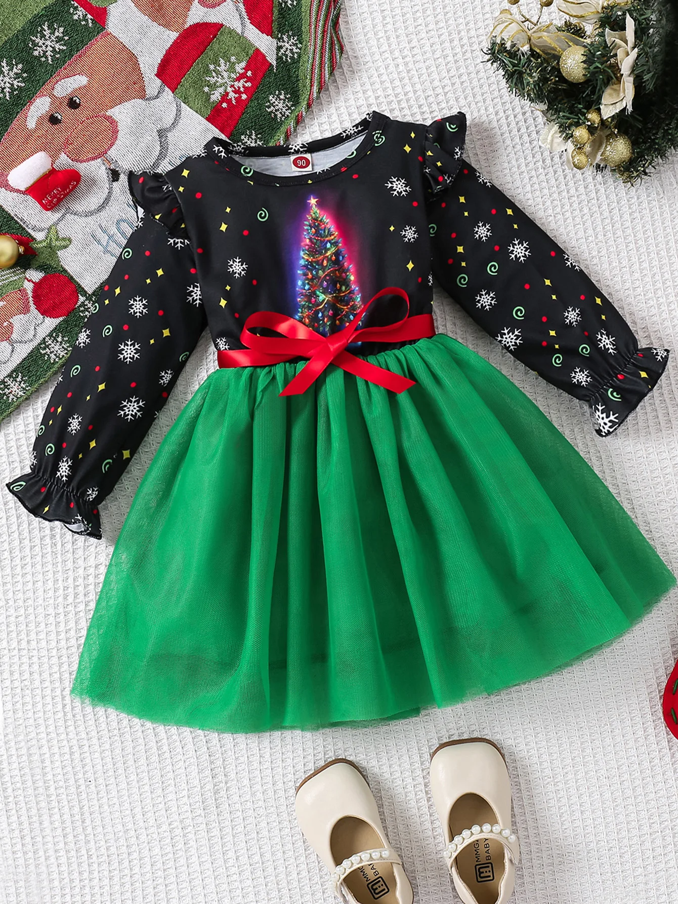 

New Christmas Costume 2 To 8 Years Girl Dresses for kids Cartoon printing Long Sleeved Mesh Princess Festival Party Dresses
