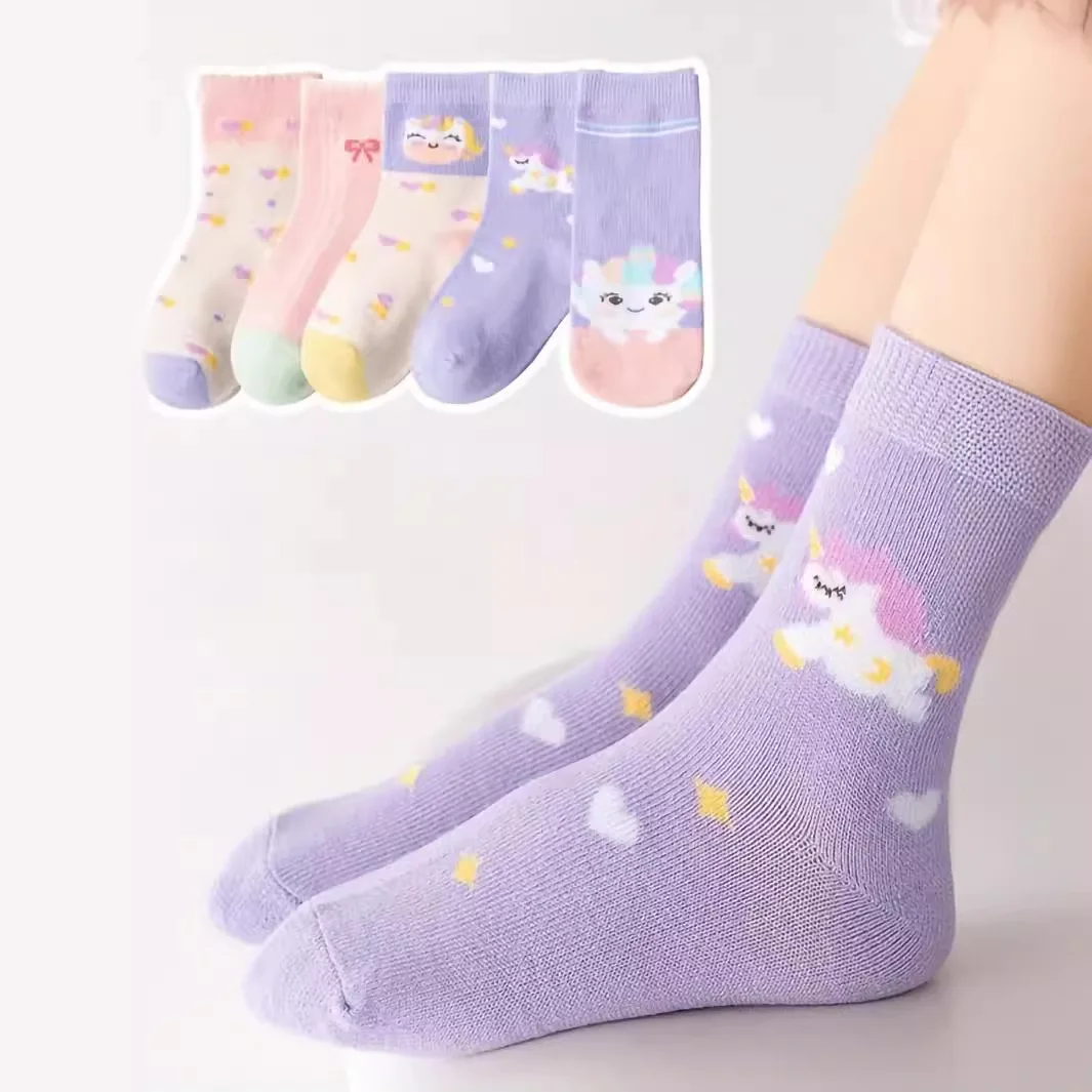 5 Pairs Cute Cartoon Unicorn Pattern Children's Socks for Girls Autumn Winter Bow Mid-Calf Socks for Kids Soft Cotton Socks