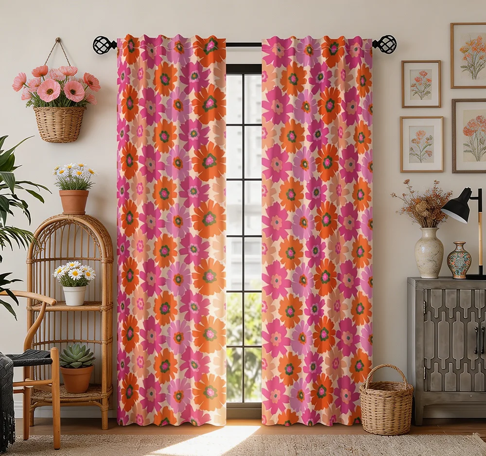 2枚組デジタルプリントカーテン、ローズピンクデイジーデザイン - Home Decor Curtain のレビューと価格