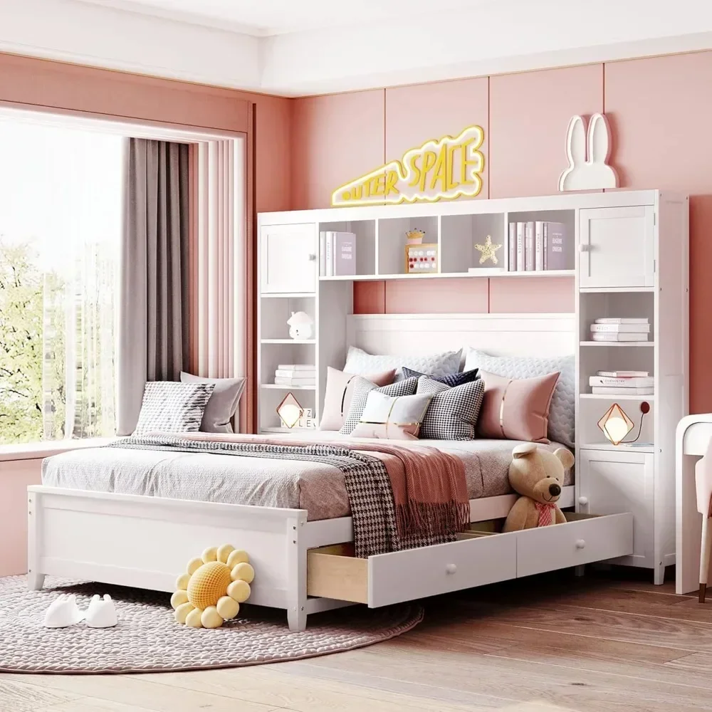 

Full Size Platform Bed with 4 Drawers, Wooden Full Bed with All-in-One Cabinet and Shelf