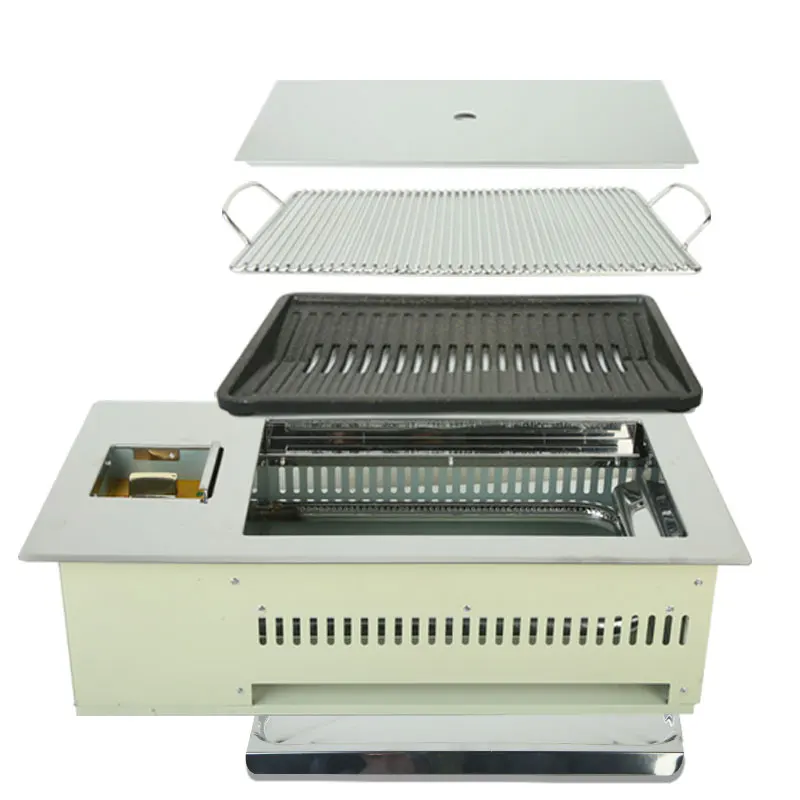 Korean Indoor Square Yakiniku Smokeless Gas BBQ Grill Upper Stainless Steel Smoke Exhaust LPG LNG Square Gas Barbecue Grills