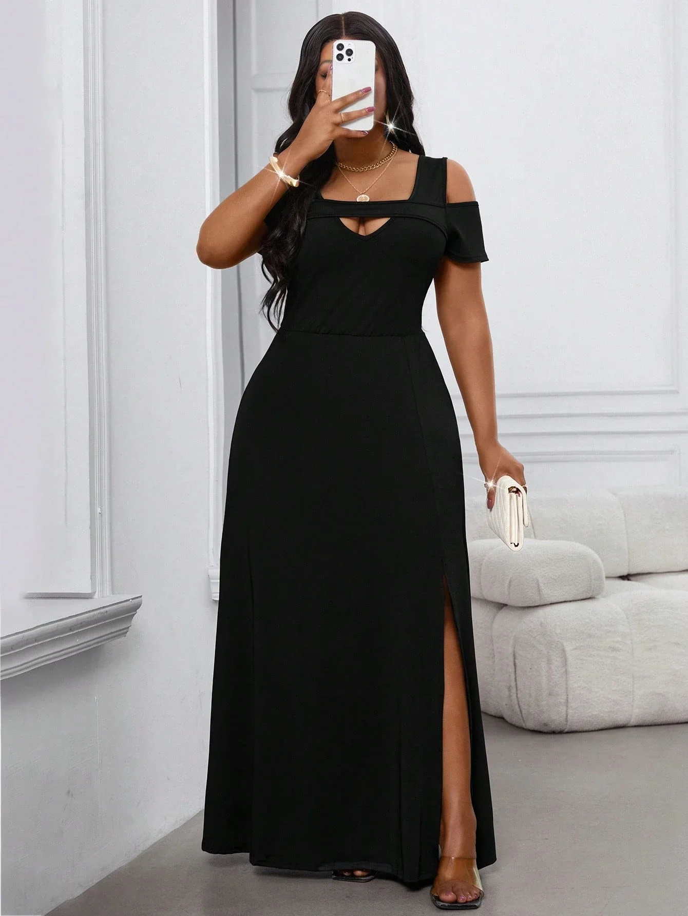

Black Off Shoulder Maxi Dress With Slit Hem, Sexy Elegant Long Dress For Party Date Casual Wear