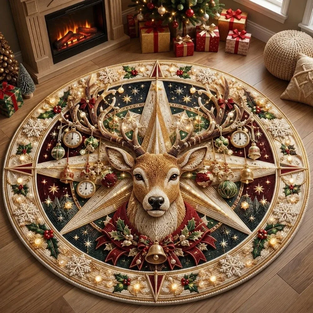 60*60cm Christmas Round Carpet 3D Special-shaped Red Santa Claus Floor Mat Imitation Cashmere Anti-Slip Bedroom Door Mat