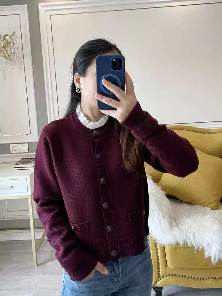 Burgundy removable wooden ear collar knitted cardigan temperament elegant single-breasted long-sleeved women\'s knitted tops