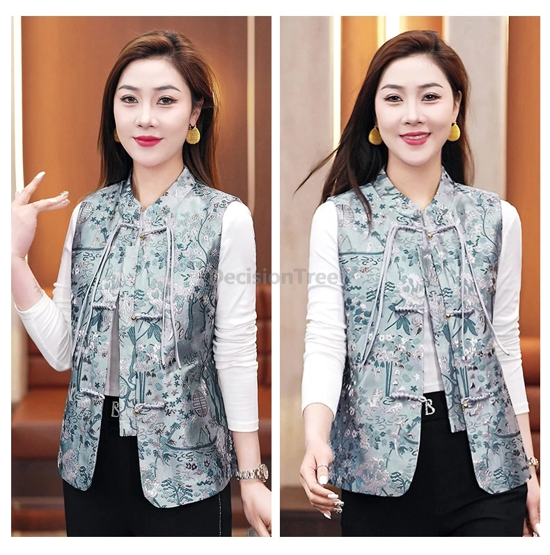 Oversize chinese style women's embroidered patchwork vest cheongsam collar buckle lady versatile sleeveless jacquard vest coat
