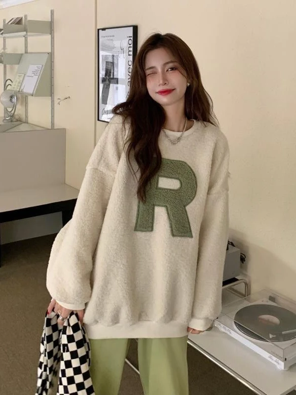 Dameshoodie Herfst Winter Vertrouwd Lamsbont Letter rond Ne Lazy Sle Losse warme top Koreaanse Sle Long Sve Katoen B...