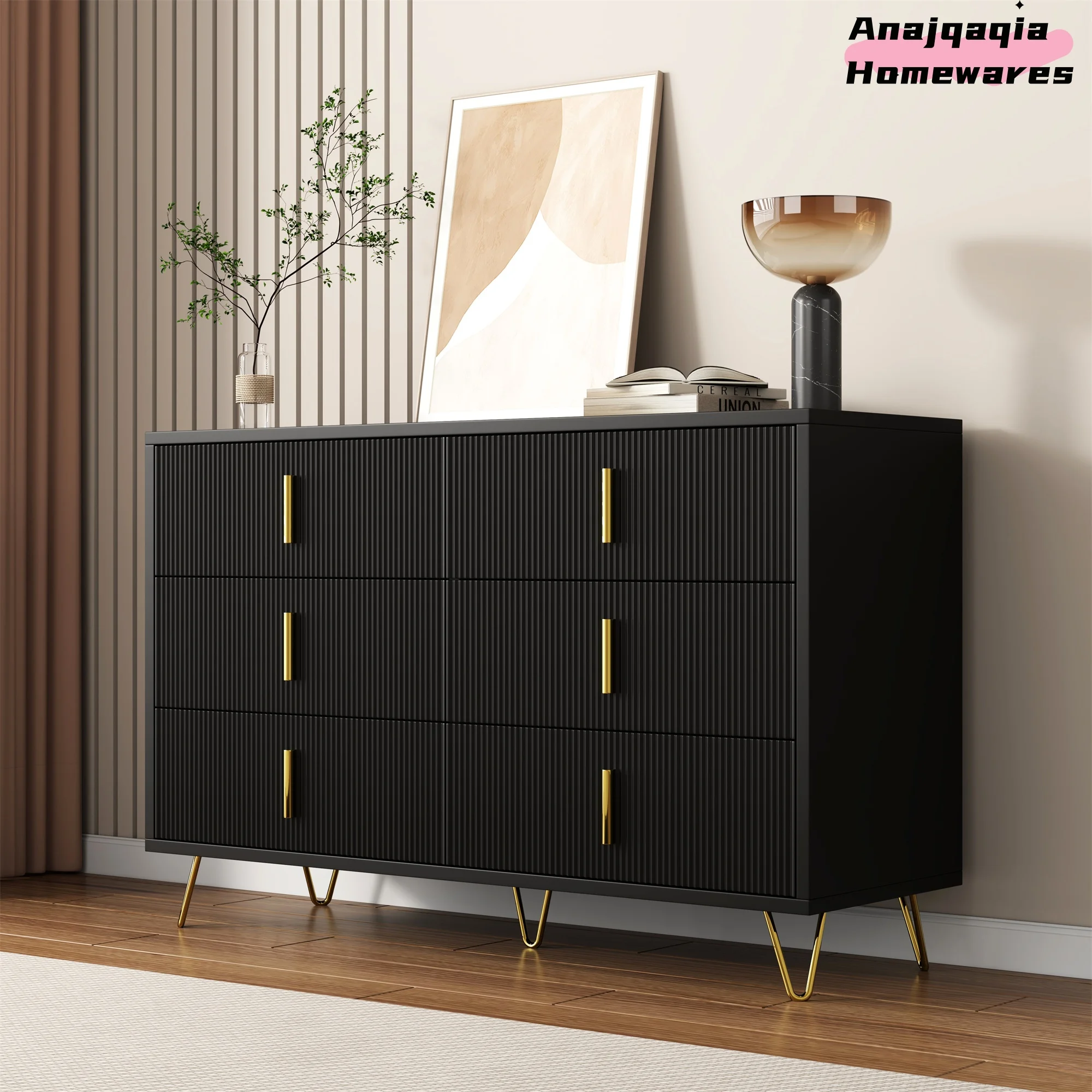Anajqaqia Credenza moderna, mobile da soggiorno, con 6 cassetti, con maniglie dorate e staffe metalliche, 40×120×77 cm, Nero