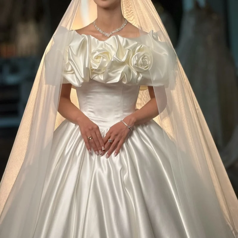 Satin White Appliques Wedding Dresses of Off-Shoulder 3D Flowers Decal A-Line Decal off-shoulder Bridal Gowns Made