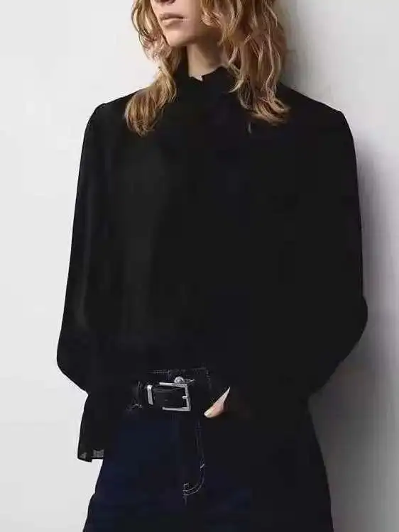 

New Women's Commuter Sle Long Sve Bla irt Stand Collar Design Lace Trim Belted Regular Fit Pure Color 77059069