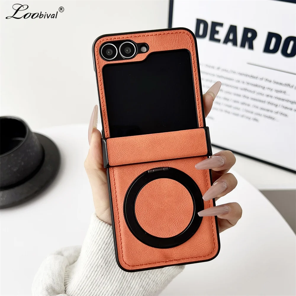 Luxury Leather for Magsafe Bracket Case for Samsung Galaxy Z Flip 6 5 4 3 ZFlip flip6 Rotating Stand Holder Shockproof Cover